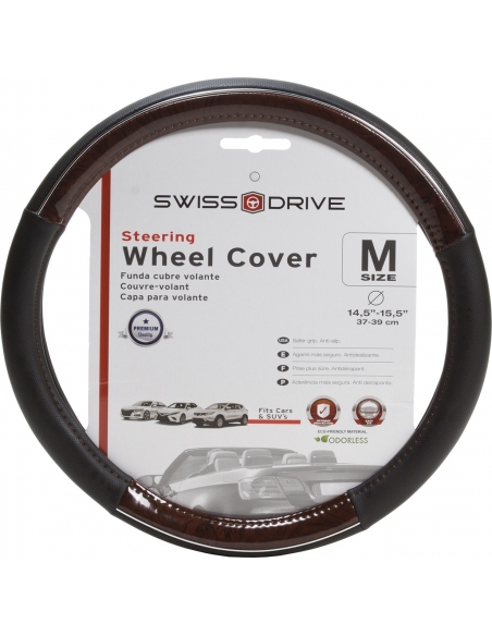 Steering Wheel Cover "CHROME LINE" Black Wood Grain Chrome Line. Fits Size M 14.5" - 15.5"