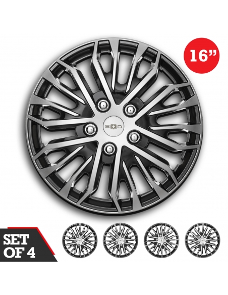 Swiss Drive Set 4 Hubcaps 16'' Wheel Cover "AUSTIN" SILVER & BLACK ABS Easy Install