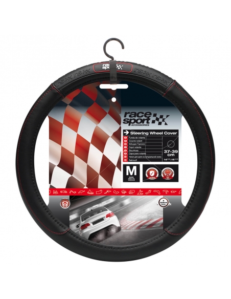 Steering Wheel Cover "RS ENGRAVED" Black Red Race Sport New Racing. Fits Size M 14.5" - 15.5"