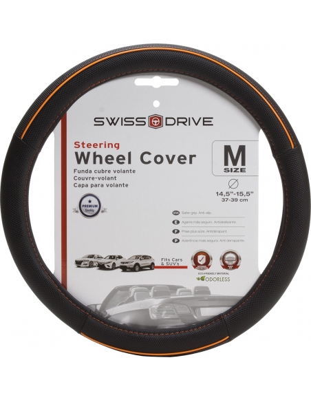 Steering Wheel Cover Sport Deep Black Orange Line Premium Luxury. Fits Size M 14.5" - 15.5"