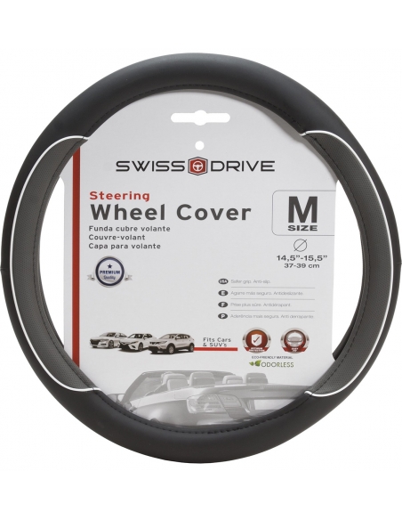 Steering Wheel Cover "WHITE LINE" Black - Grey. Fits Size M 14.5" - 15.5"